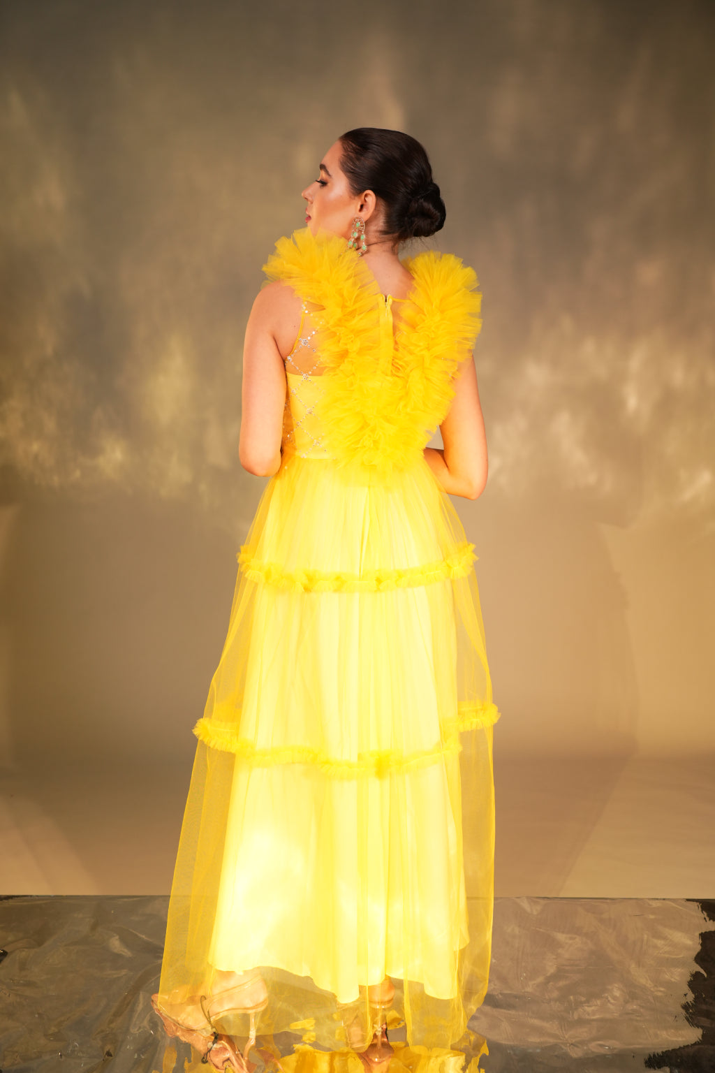 MYST YELLOW EMBROIDERED RUFFLE GOWN