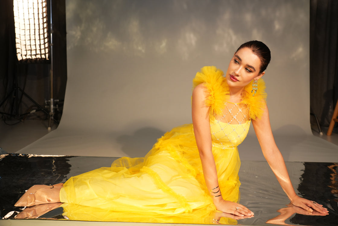 MYST YELLOW EMBROIDERED RUFFLE GOWN