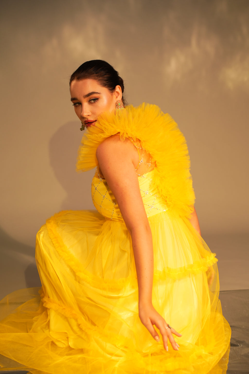MYST YELLOW EMBROIDERED RUFFLE GOWN