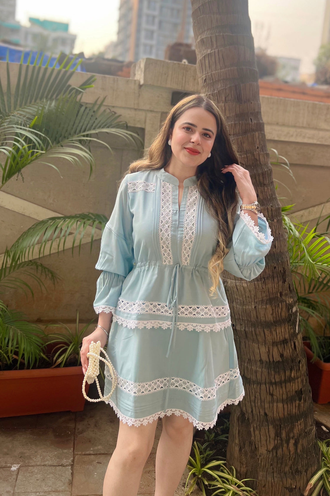 POWDER BLUE LAYERED FIT MINI DRESS