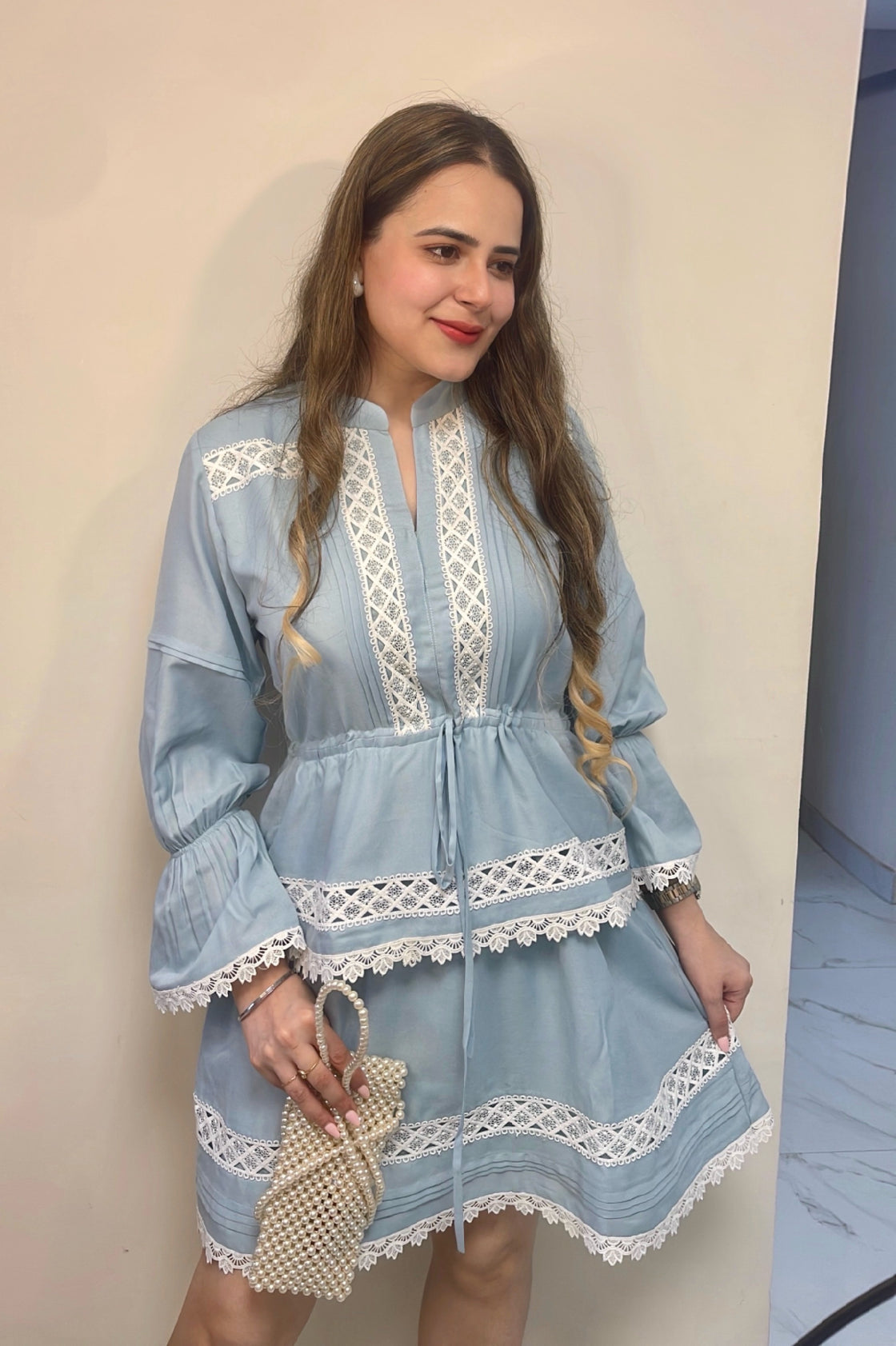 POWDER BLUE LAYERED FIT MINI DRESS