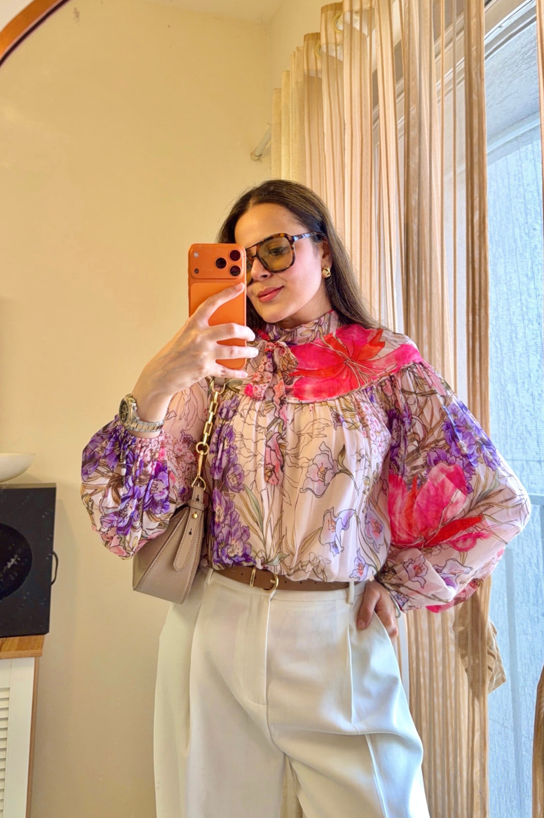 Floral patterned blouse with pink and purple flowers