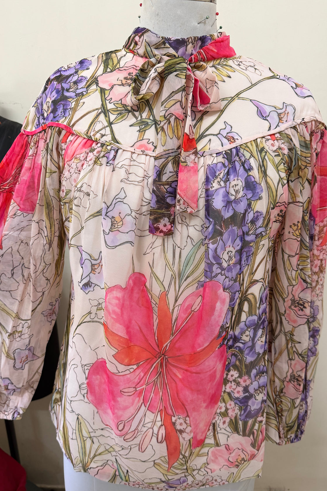 CHIFFON FLORAL TIE NECK BLOUSE