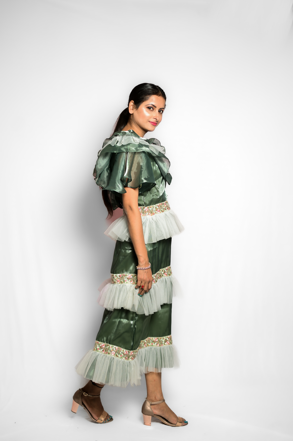 GREEN EMBROIDERED RUFFLE DRESS