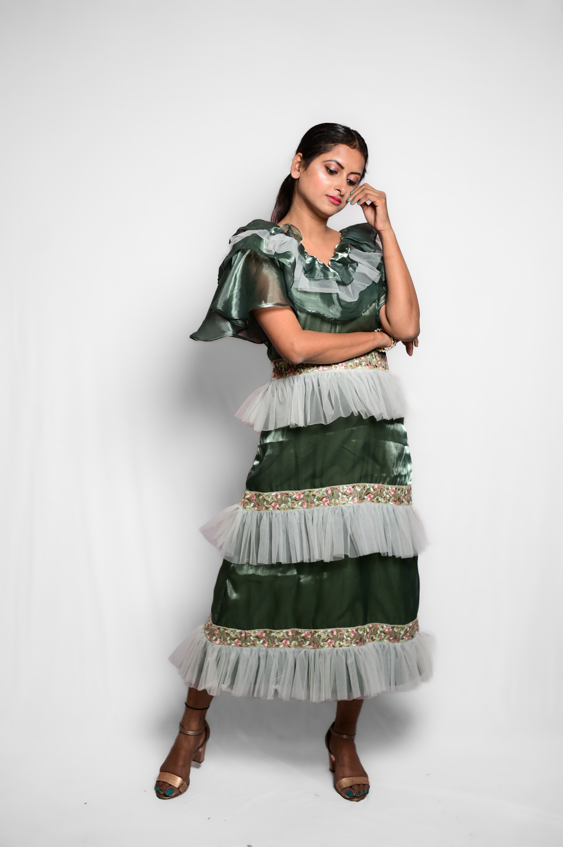 GREEN EMBROIDERED RUFFLE DRESS